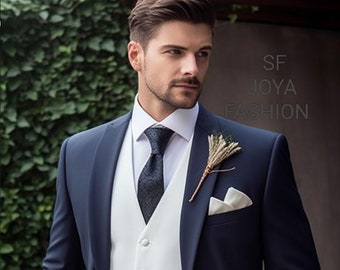 White tux with navy blue vest shop