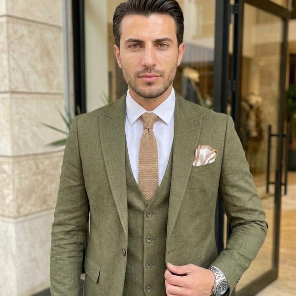 Men's Olive Green 3 Piece Suit: Wedding Groom Dinner Party Wear