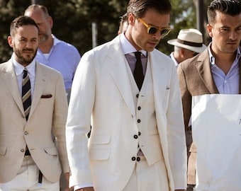 Weißer Leinen 3-Teiler: Slim Fit Hochzeit Bräutigam Anzug