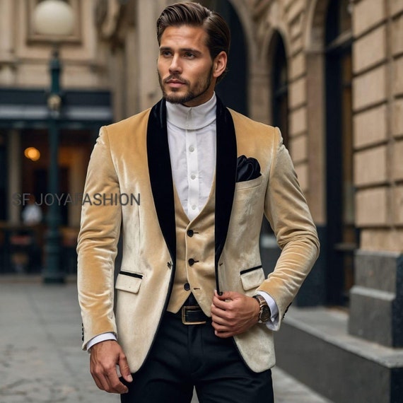 green emerald velvet dress Men's Champagne Goldish Beige Gold Floral Tuxedo Suit Two-Piece Wedding Tux with Bow Tie and Satin Lapel USA Outlet 34 Short or Extra Small main image 1