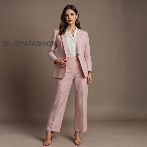Light Pink Linen Suit Set: Women's High-waisted Blazer & Trousers - Etsy  Israel