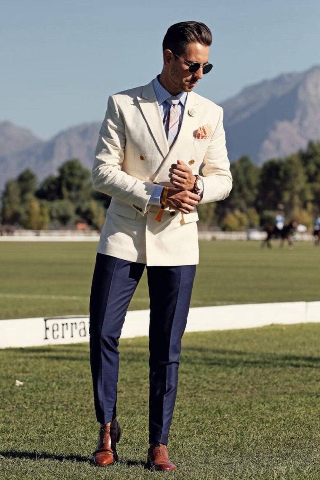 Men's Linen Suit: White Jacket, Blue Pants - Wedding Groom Attire