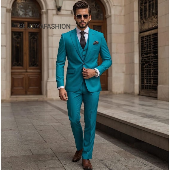 teal blue design of coat suit for man