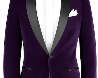 Chaqueta de esmoquin de terciopelo morado para hombre: corte entallado, solapa de satén negro