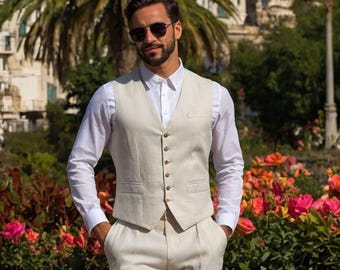 Men's Beige Linen Vest and Pant Set: Relaxed Fit Summer Outfit
