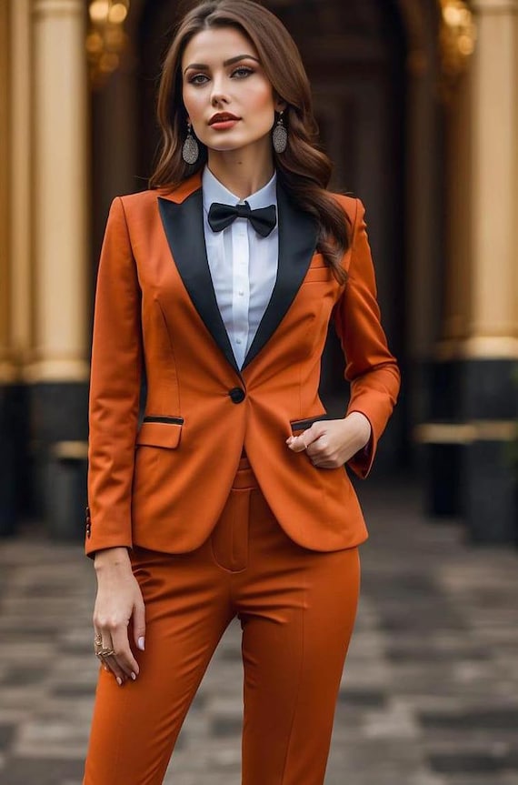 womens orange dress jacket Orange Women Suits 2 Piece Office Ladies Blazer Formal Slim Fit Party Wear Coat