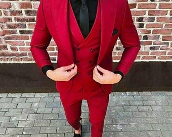 Men 3 piece Suits  Wedding Suits Grooms Wear Suit 3 Piece Suit One Button Suit Party Wear Suit For Men business suit New casual Red 3 piece.