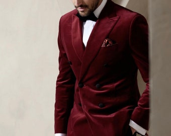 Men&#39;s Burgundy Velvet Blazer: Slim Fit Wedding Party Jacket