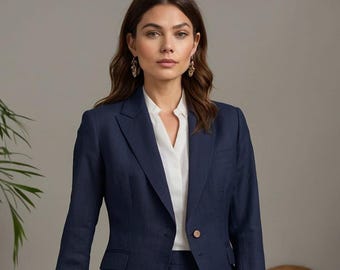 Blue Linen Suit Set: Women's Lightweight Blazer & High-Waisted Trousers