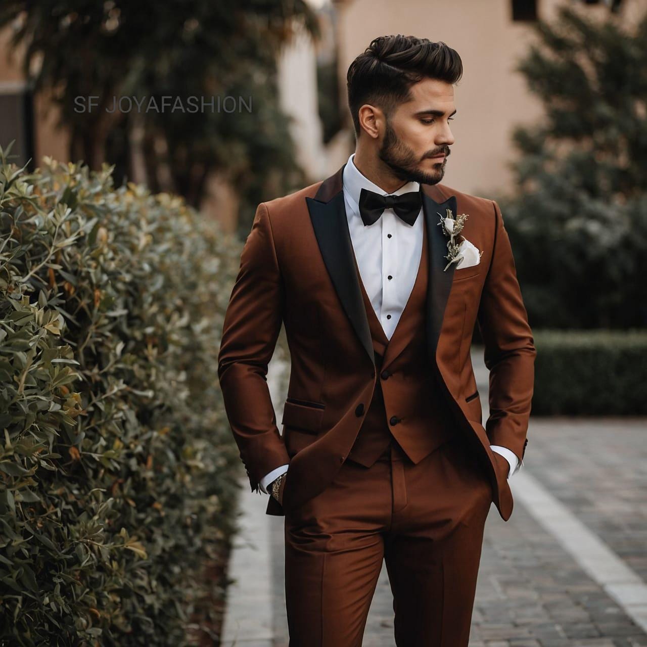 ラストオレンジのタキシードスーツ：メンズスリムフィット3ピース