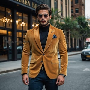 Men Orange silk war Velvet Jacket Blazar New Arrival Luxury Elegant Slim Fit Two Button Wedding Party Wear Blazer event party wear coat