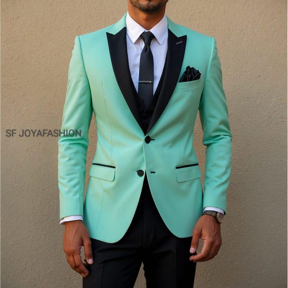 Men's Mint Green 3-Piece Suit: Black Trim Wedding Groom Suit