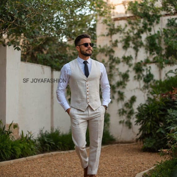 Men's Beige Linen Vest and Pant Set: Relaxed Fit Summer Outfit - Etsy