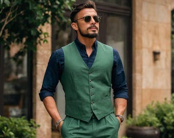 Men's Green Linen Vest and Pant Set: Summer Wedding Outfit