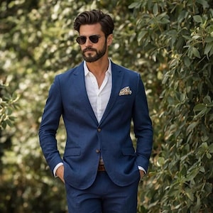Men Linen Suits, Blue Linen suits, Wedding suit, Grooms wear Suit, Casual slim fit 2 piece suits, Royal blue Bespoke For men.