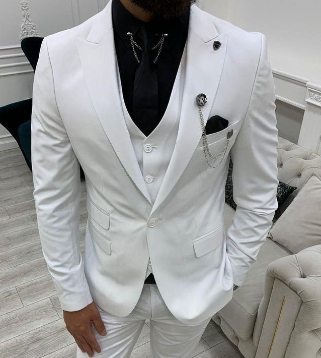 Men White 3 Piece Suits Wedding Suit Grooms Wear Suit One Button Suit ...
