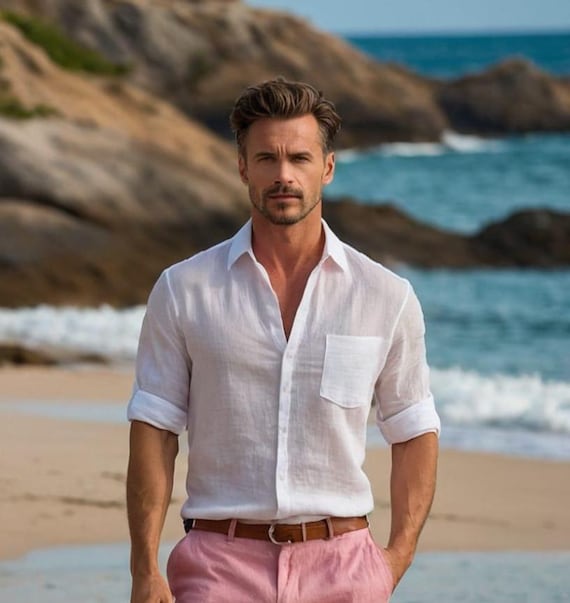 Men's Linen Shirt and Pink Pant Set: Elegant Summer Outfit - Etsy Israel