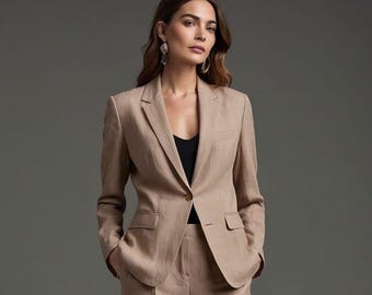 Beige Linen Suit Set: Women's Lightweight Blazer & High-Waisted Trousers