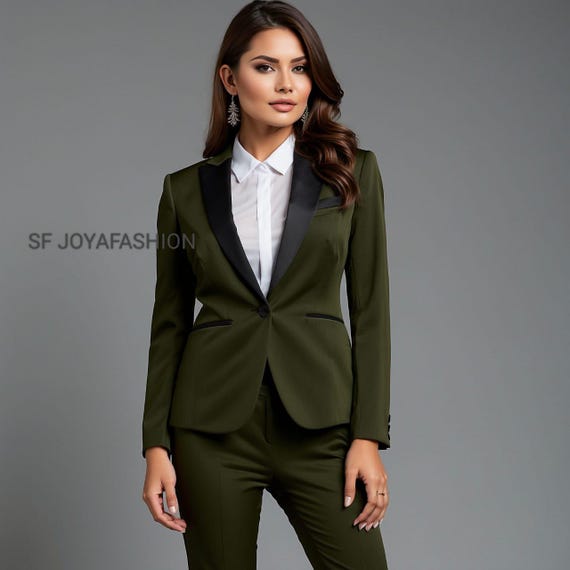 Olive Green Women's Suit: Peak Lapel Tuxedo Jacket, Party Wear