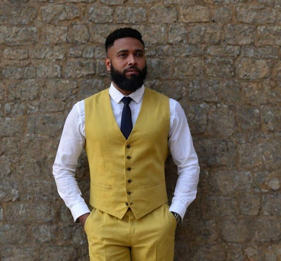 mustard yellow dress vest Men's Yellow Linen Vest and Pant Set: Relaxed Fit Summer Outfit