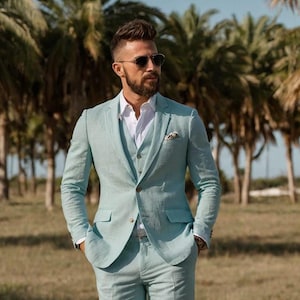 Light blue Best Men's Linen 2-Piece Suits for Summer Weddings – Lightweight, Breathable, and Stylish Formalwear,