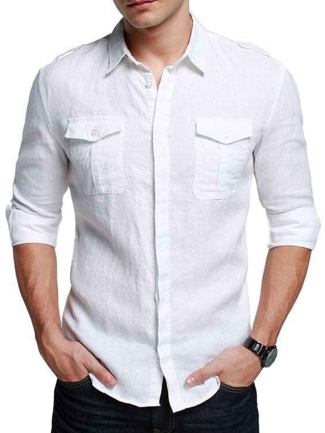 Men's White Micro Ditsy Printed Linen Casual Shirt