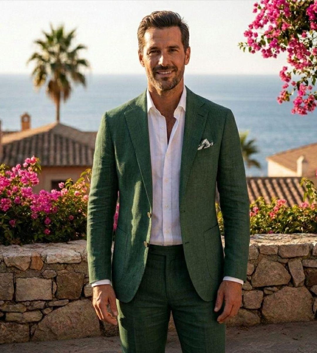 man in green dress Men's Linen Suit: 2-piece Wedding Groom Wear, Lightweight Suit CAPE-SLEEVE