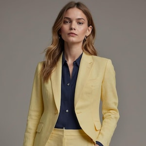 Women yellow  Linen 2 Piece Suit for Women – Summer Blazer and Matching Pants, Perfect for Casual, Vacation, or Office Looks