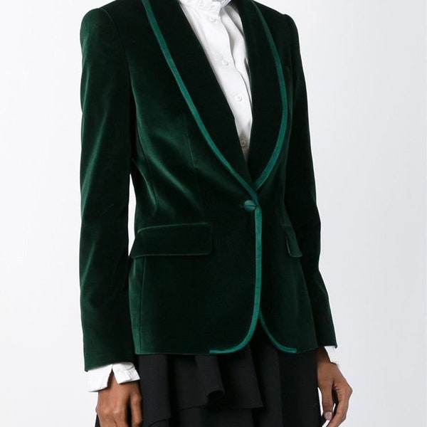 Women's Green velvet tuxedo Jacket. English Design silk warm dressing Jacket New arrival jacket and robe Gift for wife green tuxedo design.