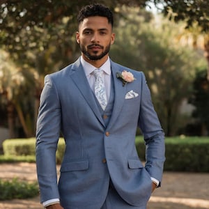Men Linen Suits, Dark Sky blue Suits, Wedding Suits, Grooms Wear Suit, 3 Piece Suit, One Button Beach Party Wear Suit, Bespoke dress.