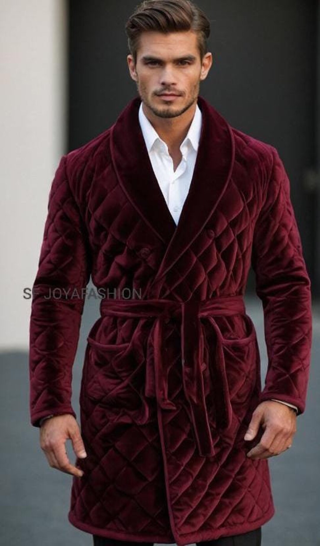 Men's Quilted Velvet Robe: Burgundy Blue Smocking Jacket - Etsy