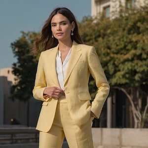 Women yellow  Linen 2 Piece Suit for Women – Summer Blazer and Matching Pants, Perfect for Casual, Vacation, or Office Looks