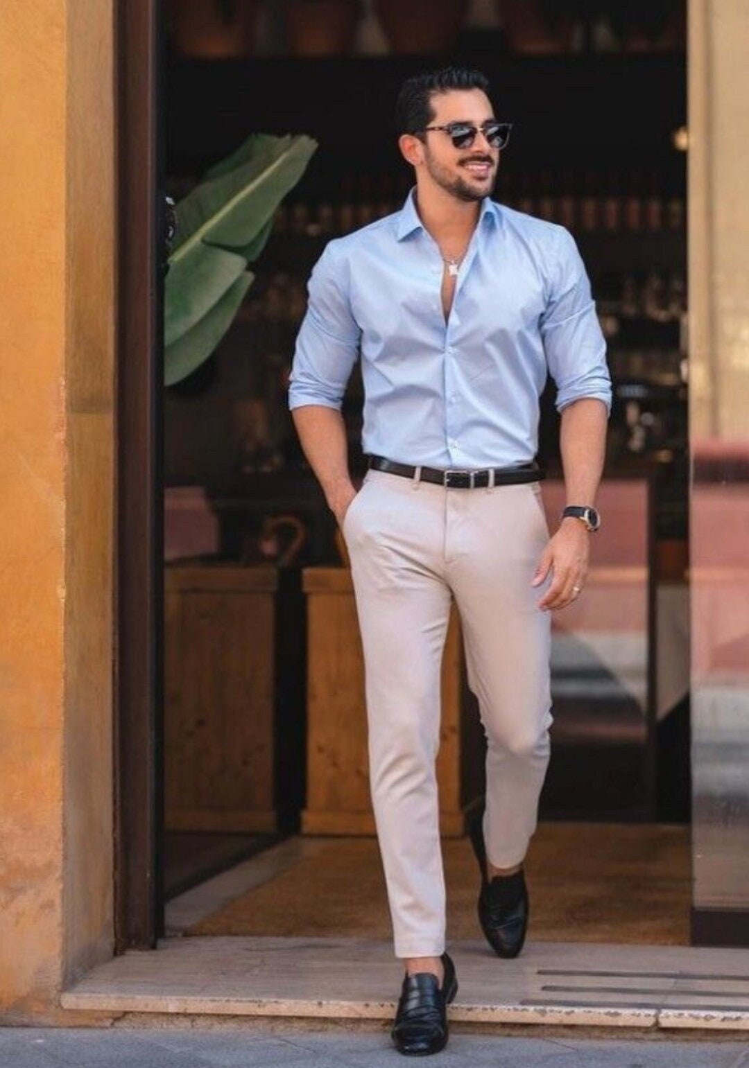 Vestido Masculino Camisa Cal a Casual Camisa Azul Celeste Cal a Bege vestido-masculino-camisa-cal-a-casual-camisa-azul-celeste-cal-a-bege