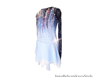 Abito da pattinaggio artistico con effetto sfumato, dal blu cielo al blu navy, decorato con strass, taglia US Kids 8
