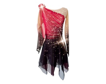 Peut inclure: Une robe de patinage artistique avec un dégradé de noir, rouge et or. La robe a des manches longues, un col rond et une jupe courte asymétrique. La robe est décorée de strass et de paillettes.