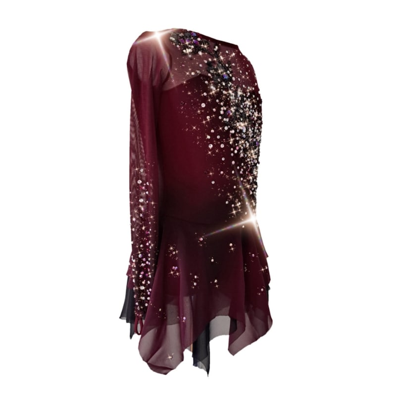 A new figure skating dress "Carmine" for performances and competitions. The dress is made in the ombre technique and hand-painted with an airbrush from carmine red to deep mahogany! Right side view