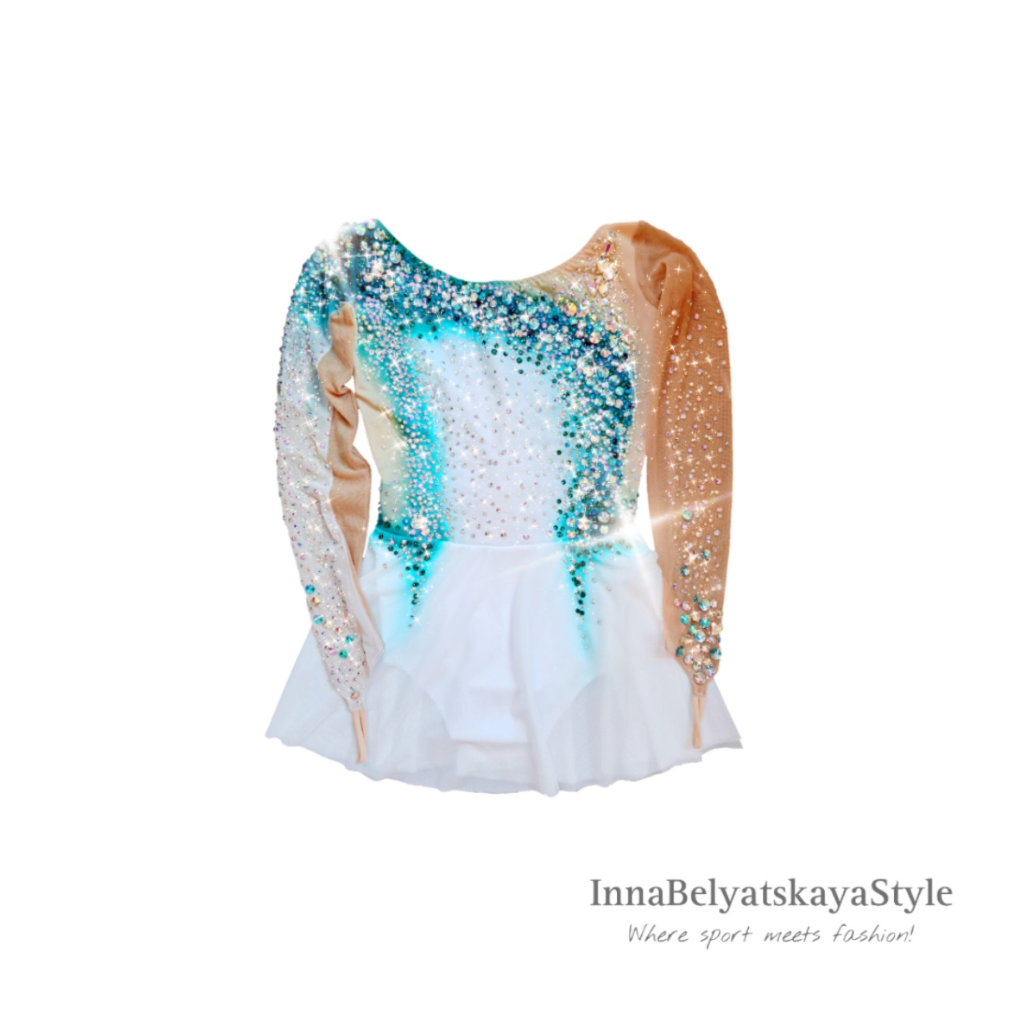 Ombre Figure Skating Dress, Turquoise and White, Rhinestone Embellished