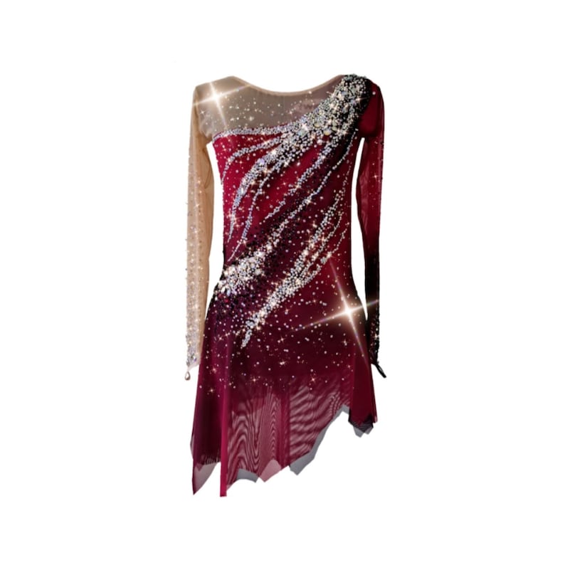 A new figure skating dress "Cherry" for for performances and competitions.The dress is made in the ombre technique and hand-painted with an airbrush from cherry red to maroon! Front view