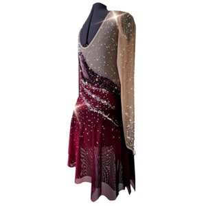 A new figure skating dress "Cherry" for for performances and competitions.The dress is made in the ombre technique and hand-painted with an airbrush from cherry red to maroon!  Side view
