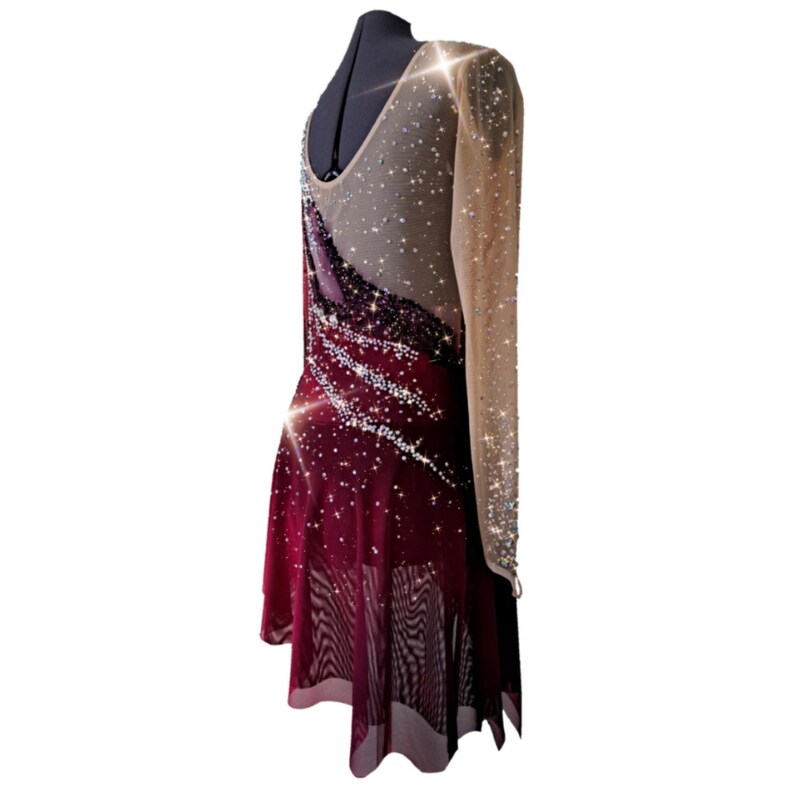 A new figure skating dress "Cherry" for for performances and competitions.The dress is made in the ombre technique and hand-painted with an airbrush from cherry red to maroon!  Side view