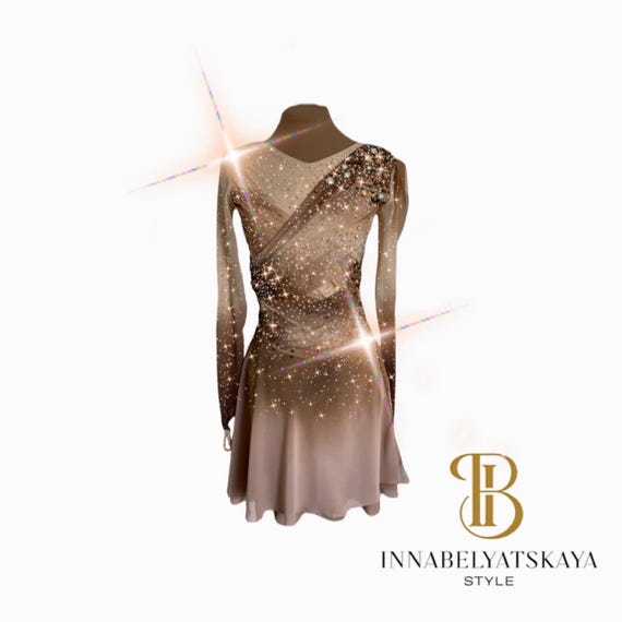 Ombre Figure Skating Dress, Beige to Brown, Rhinestone Embellished Ombre Figure Skating Dress, Beige to Brown, Rhinestone Embellished