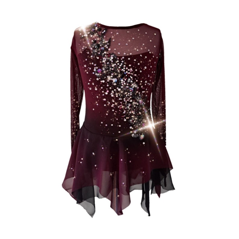 A new figure skating dress "Carmine" for performances and competitions. The dress is made in the ombre technique and hand-painted with an airbrush from carmine red to deep mahogany! Front view
