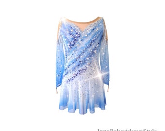 Blue Ombre Ice Skating Dress, Rhinestone Figure Skating Costume