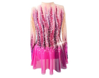 Abito da pattinaggio sul ghiaccio rosa sfumato, costume da pattinaggio artistico con strass