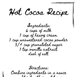 Hot Cocoa Recipe Digital Download | Home Decor | Kitchen Art