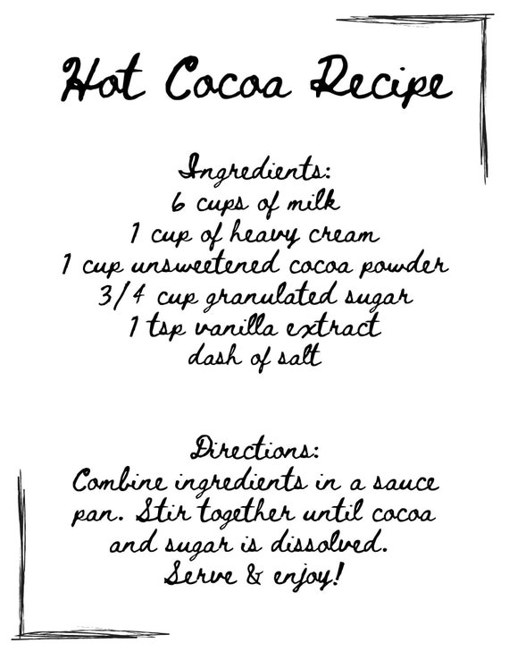 Hot Cocoa Recipe Digital Download Home Decor Kitchen Art