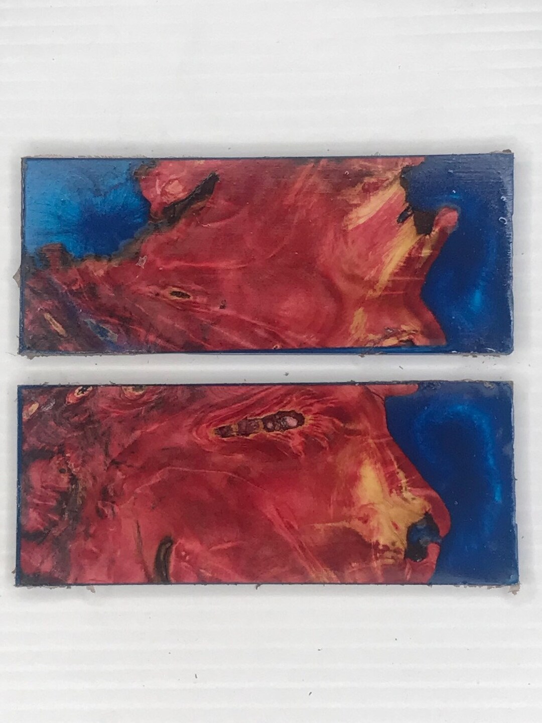Knife Scales Hybrid / Red Stabilized Buckeye Burl in Blue Epoxy Resin