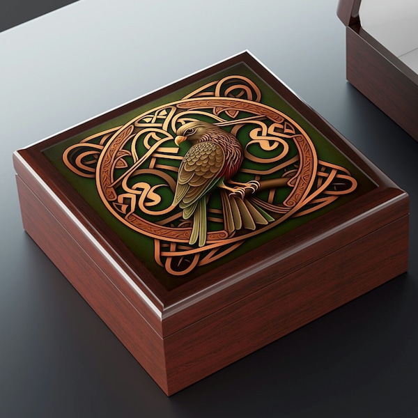 Celtic Knotwork Hawk Wooden Keepsake Jewelry Box with Ceramic Tile Cover