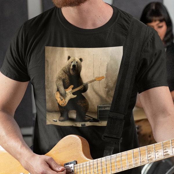 T-shirt con orso grizzly che suona il basso / camicia con animali che suonano la chitarra, regali per chitarra, maglietta musicale, camicia musicale, camicia per chitarra, camicia orso,
