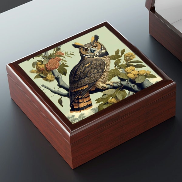 Vintage Great Horned Owl Wooden Keepsake Jewelry Box - Owl Trinket Box - Owl Memory Box